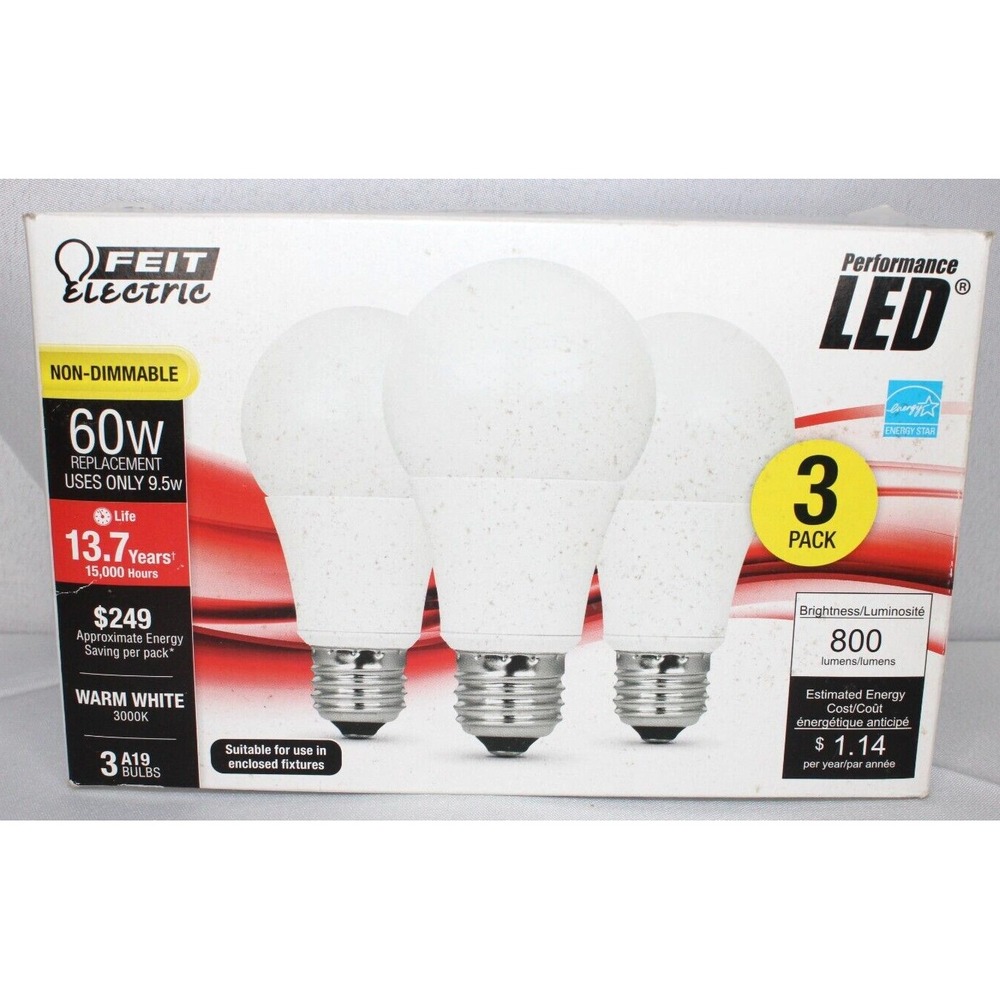 3 pack Performance LED 60w  Replacement Bulbs, non-dimmable 120V FEIT Electric